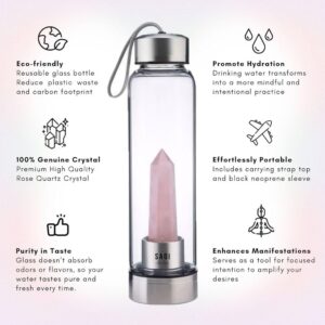 Crystal Water Bottle - Rose Quartz Gemstone Infused Elixir - Natural Wellness Healing - Glass/Stainless Steel